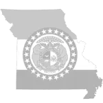 The image depicts the outline of the state of missouri in gray, filled with a white embossed missouri state seal featuring a shield, stars, and a bear.