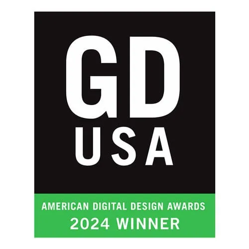 A design award graphic featuring a black rectangle with "GD USA" in large white letters and a green stripe at the bottom displaying "AMERICAN DIGITAL DESIGN AWARDS 2024 WINNER" in white text.