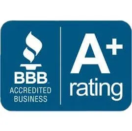 Blue badge showing the BBB Accredited Business logo and a large "A+ rating," indicating a top rating from the Better Business Bureau.