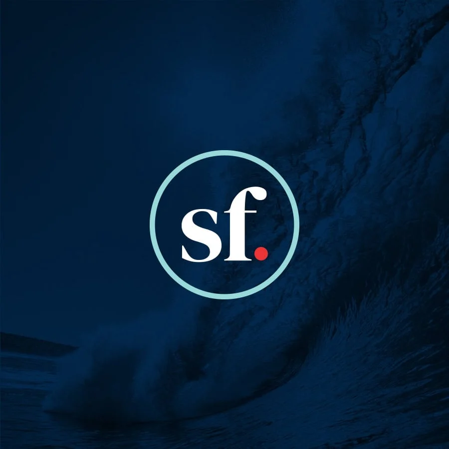 Logo featuring the initials "sf." in a white circle over a dark blue wave background, symbolizing dynamic content marketing with an oceanic motion vibe.