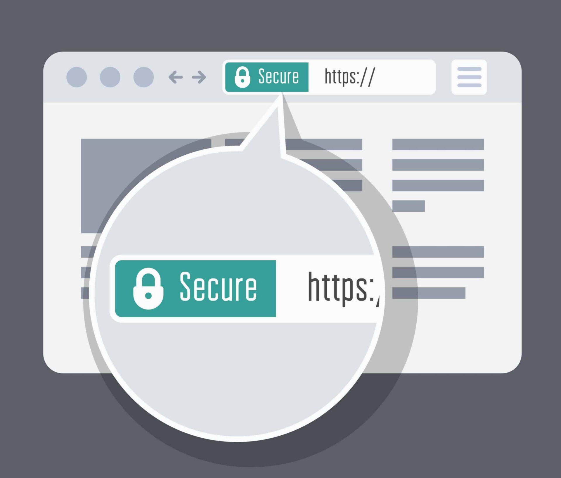 Illustration of a web browser window displaying a secure "Do I Need SSL?" https connection with a green lock icon, emphasizing online security and data protection.
