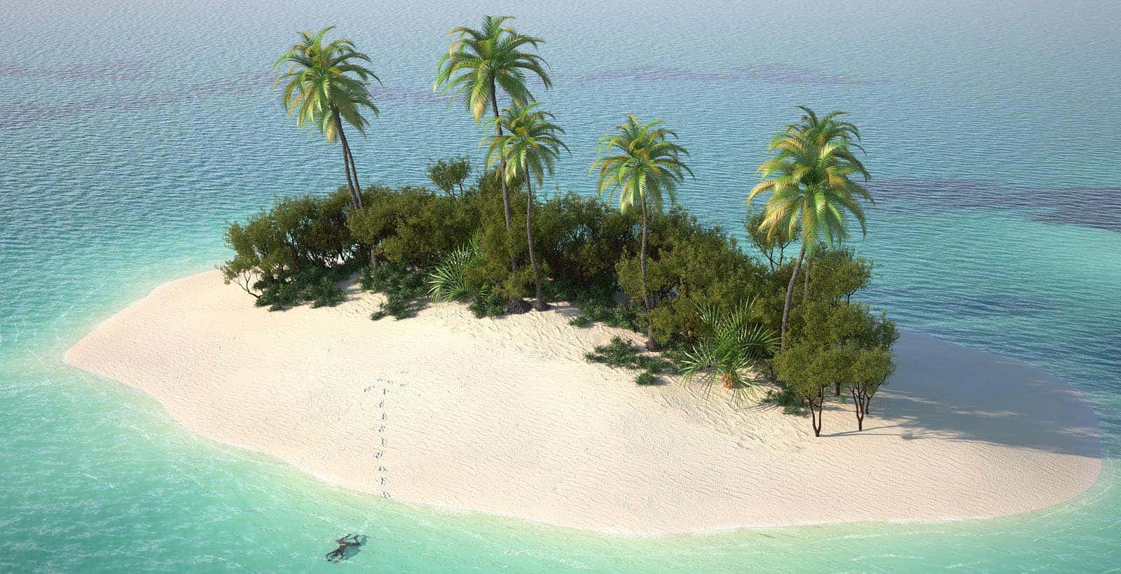 A small tropical island with lush greenery and palm trees surrounded by crystal clear turquoise water, with footprints leading across the white sandy beach. Stranded on the island, a lone boat is nearby in