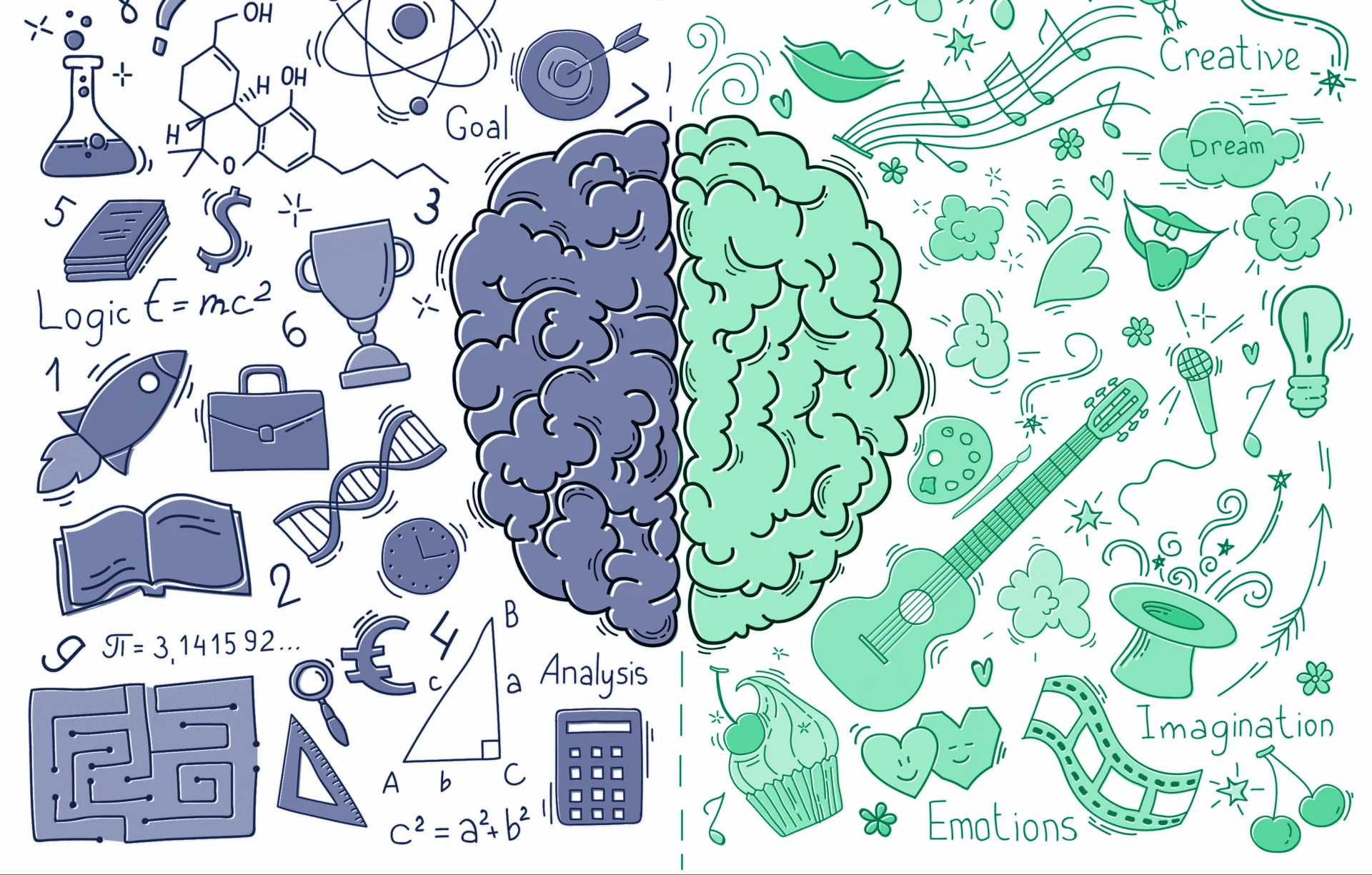 Illustration split into sections representing logic and creativity, featuring a brain, scientific and musical symbols, mathematical equations, and artistic elements in a playful, doodle style inspired by recent poll results.