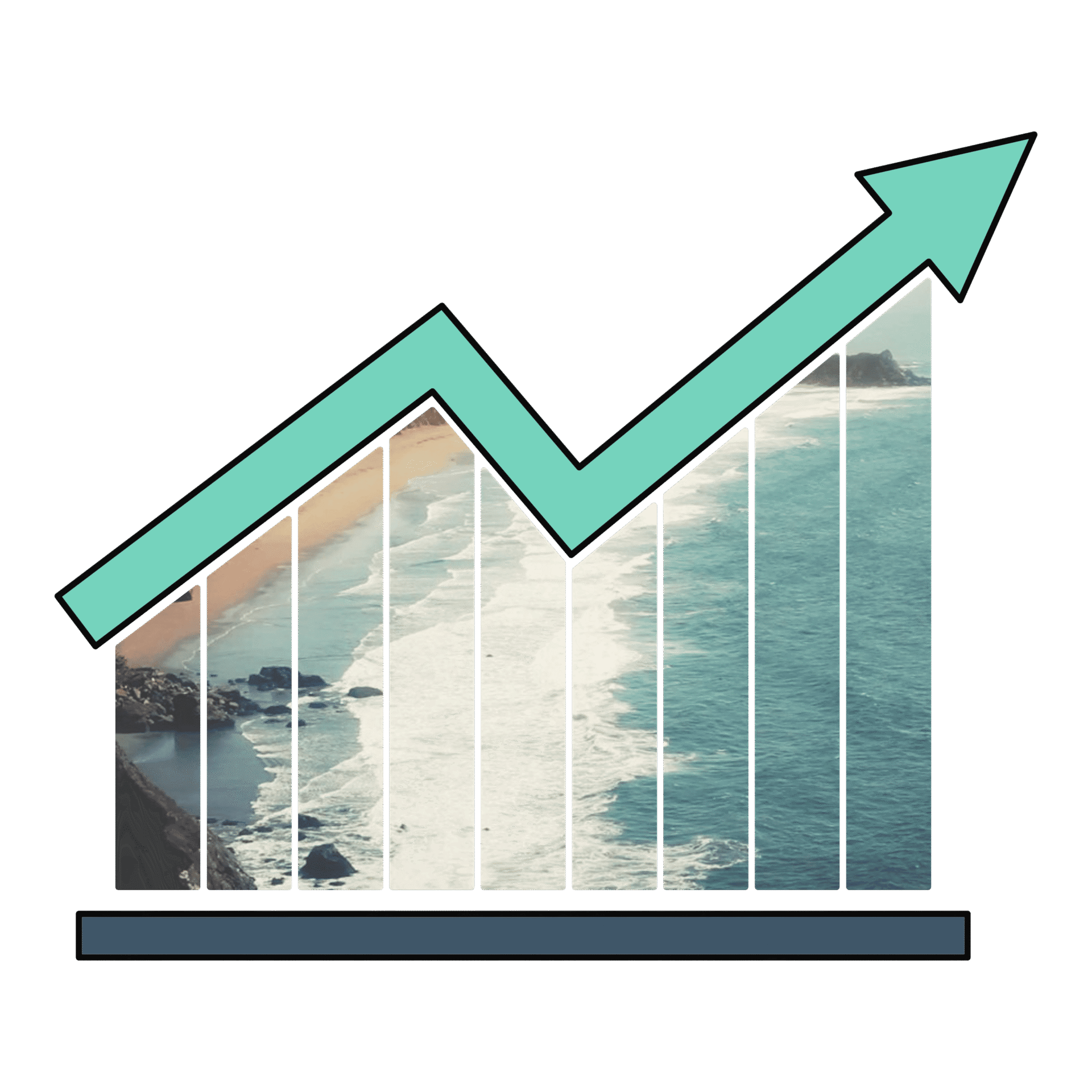 A graphical overlay of a light blue upward trending arrow symbolizing poll results on a background image of a coastline with cliffs and a sandy beach.