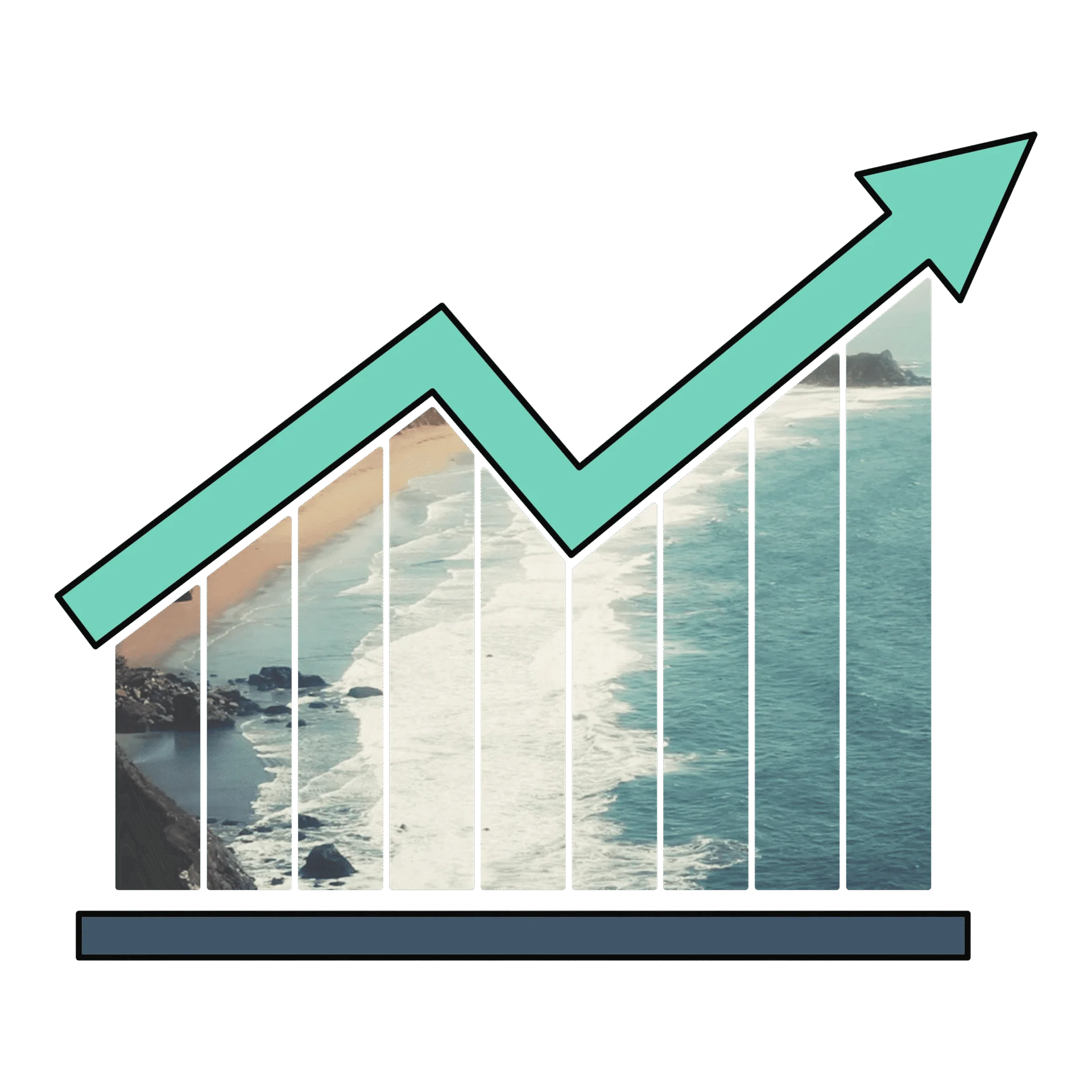 A graphical overlay of a light blue upward trending arrow symbolizing poll results on a background image of a coastline with cliffs and a sandy beach.