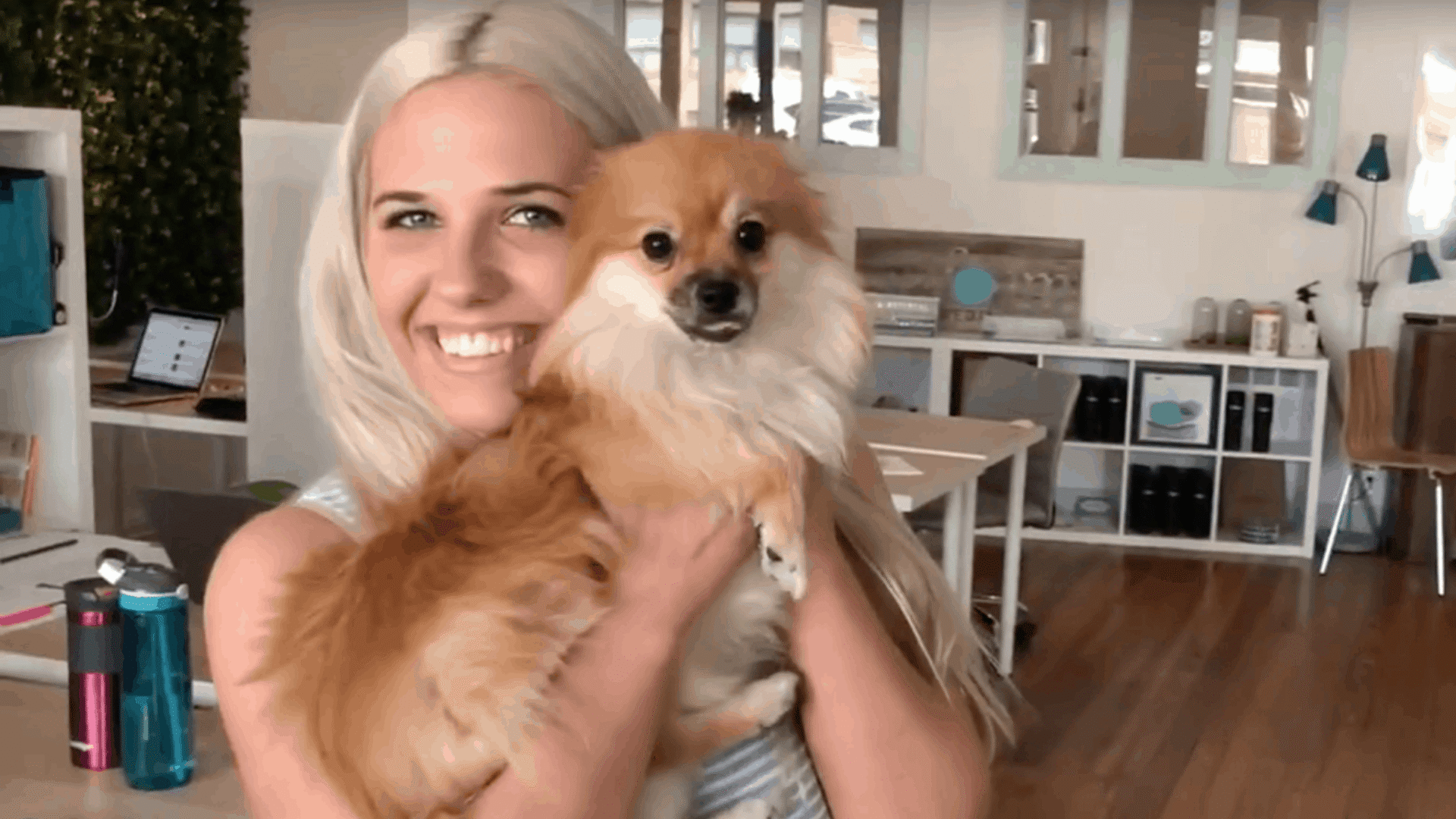 A smiling woman with blonde hair holding a fluffy, golden pomeranian dog in a bright room with modern furniture visible in the background. What's your seashore?