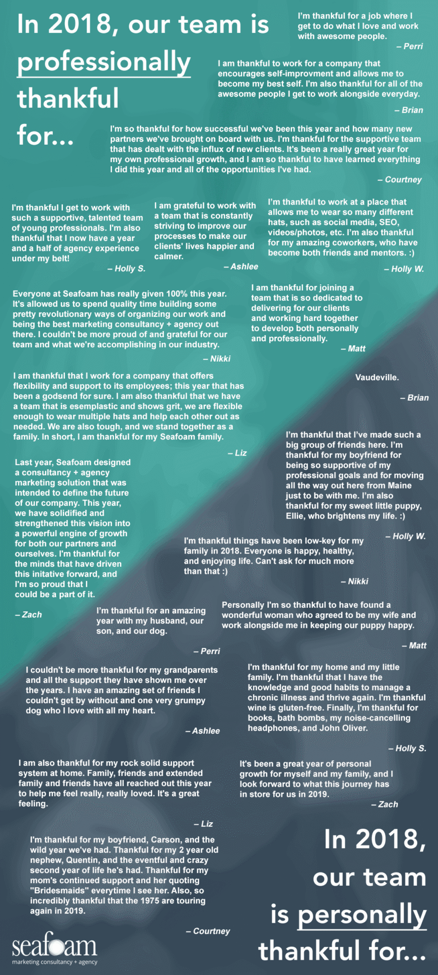 The image contains a collection of quotes from various employees at seafoam expressing thankfulness for their workplace and the positive experiences they've had during 2018, set against a light bluish background with