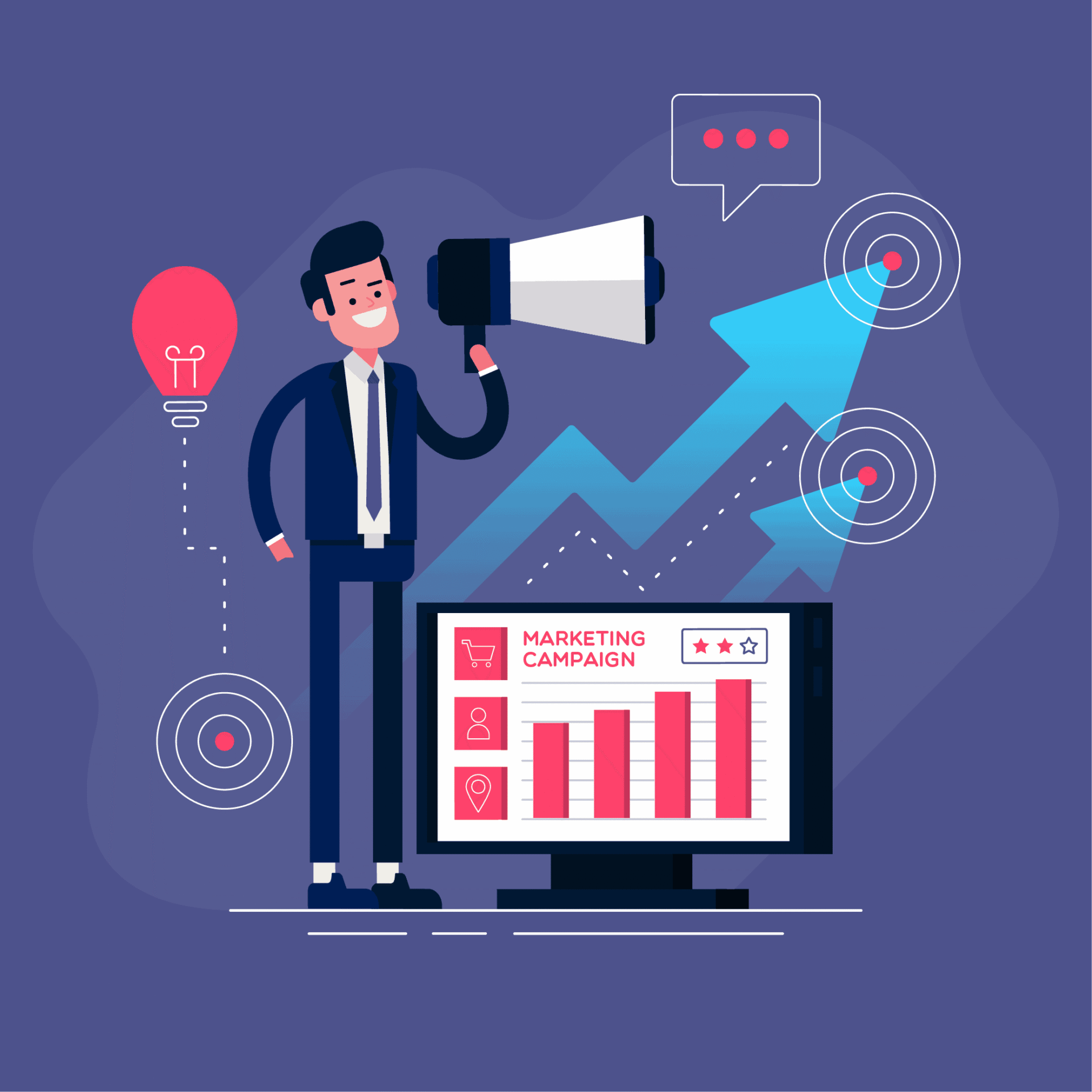 A businessman using a megaphone, standing beside a screen displaying a rising graph and digital marketing campaign stats, with icons representing targets and ideas around him.