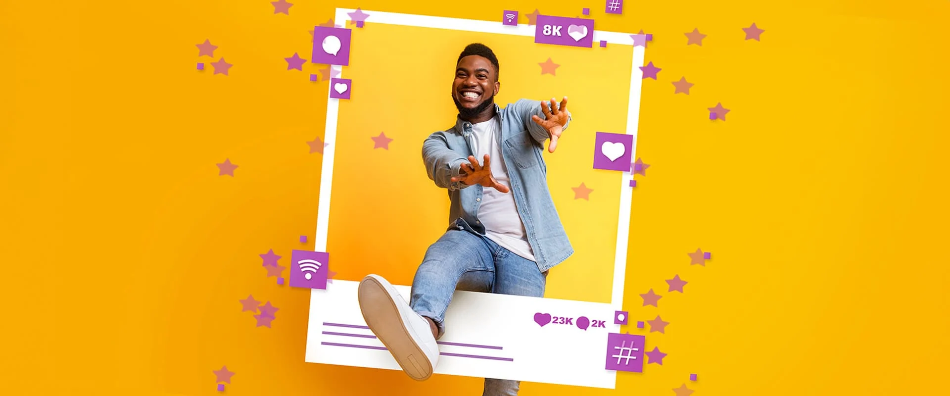 A cheerful man in a denim jacket and white shirt poses playfully inside a digital marketing-inspired frame with icons and like counters, set against a vibrant yellow background.