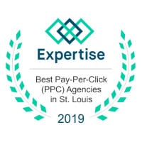 Logo of "expertise" featuring a teal laurel wreath surrounding a hexagonal shape with the text "best pay-per-click (ppc) agencies in st. louis 2019.