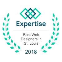 Logo awarding "expertise best web designers in st. louis 2018" featuring a geometric emblem flanked by two stylized laurel branches.