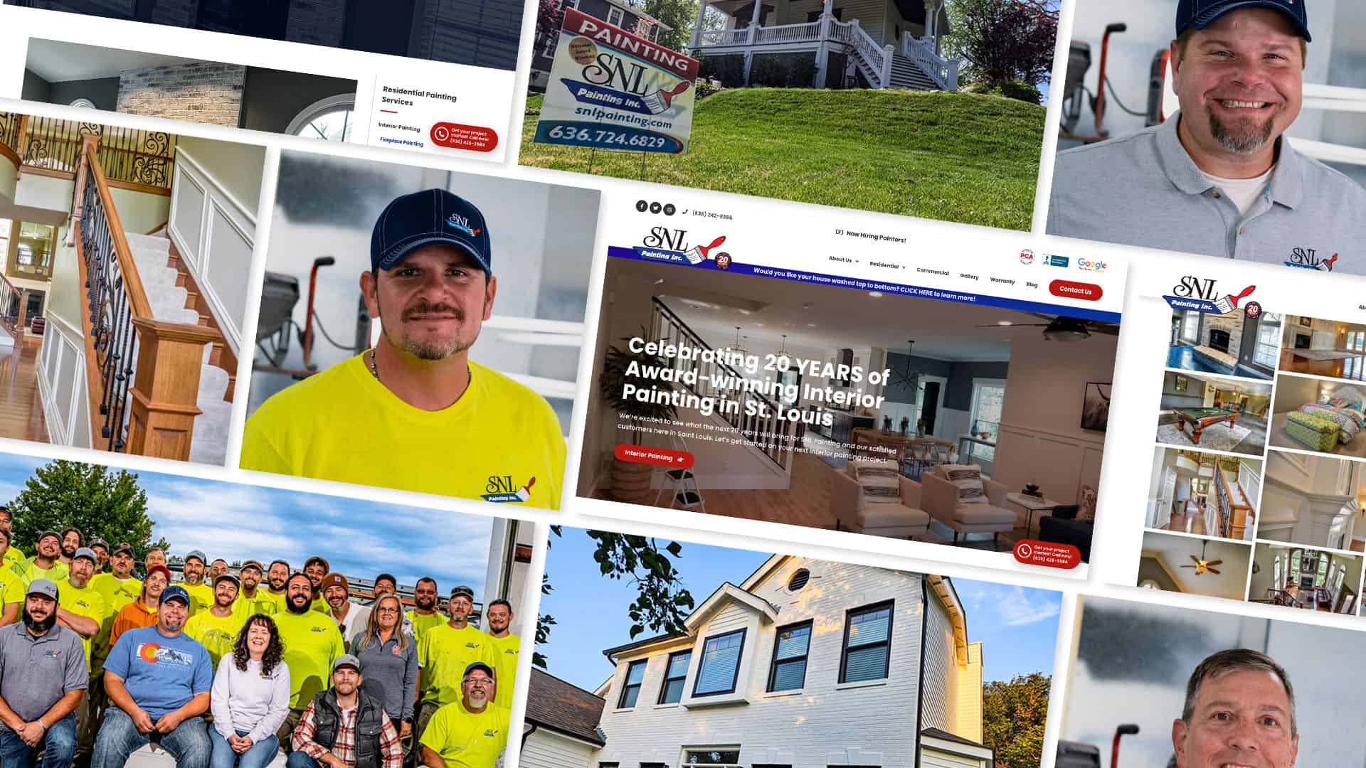 Collage of images showcasing a painting company, including a smiling worker, team photo, branded vehicles, and examples of interior and exterior painting jobs.