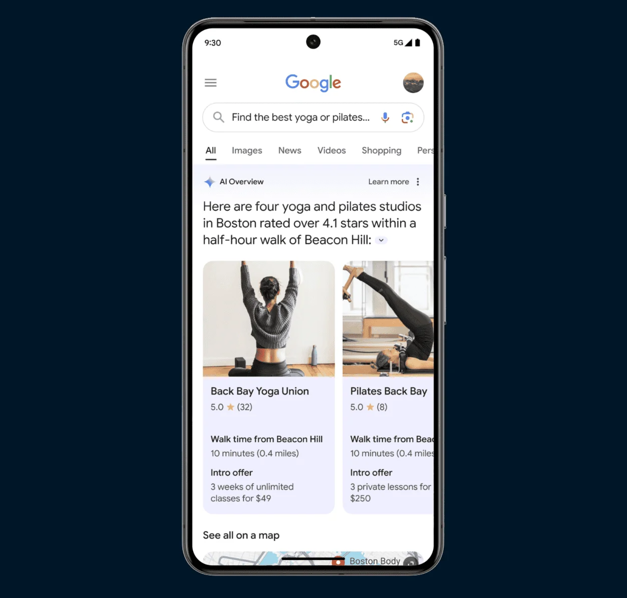 A smartphone screen displays a Google search results page for yoga and Pilates studios in Boston. The AI-enhanced results highlight Back Bay Yoga Union and Pilates Back Bay, both rated over 4 stars, with images of people practicing yoga and Pilates and details about their locations and offerings.