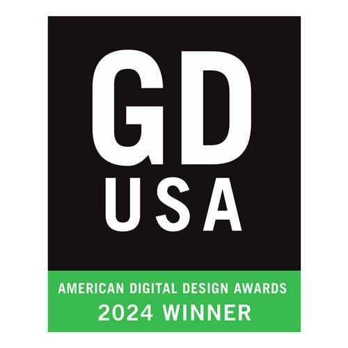 A design award graphic featuring a black rectangle with "GD USA" in large white letters and a green stripe at the bottom displaying "AMERICAN DIGITAL DESIGN AWARDS 2024 WINNER" in white text.