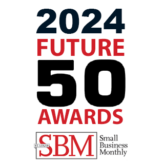 Text reads "2024 Future 50 Awards" in blue and red font. Below, the logo for St. Louis Small Business Monthly shows the acronym "SBM" in red, and the full name in black with a red line separating them.