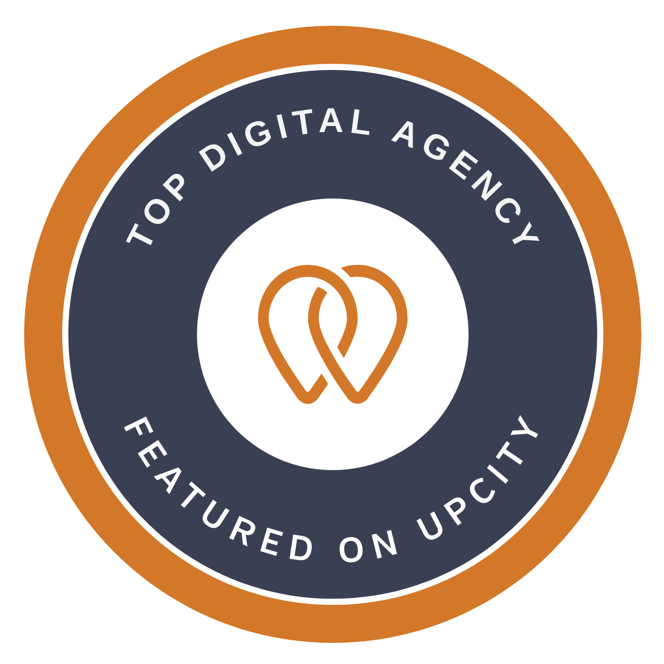 A circular badge with a double orange and white heart icon in the center, surrounded by a navy blue ring and an outer orange ring. The navy ring contains white text that reads, "Top Digital Agency Featured on UpCity.