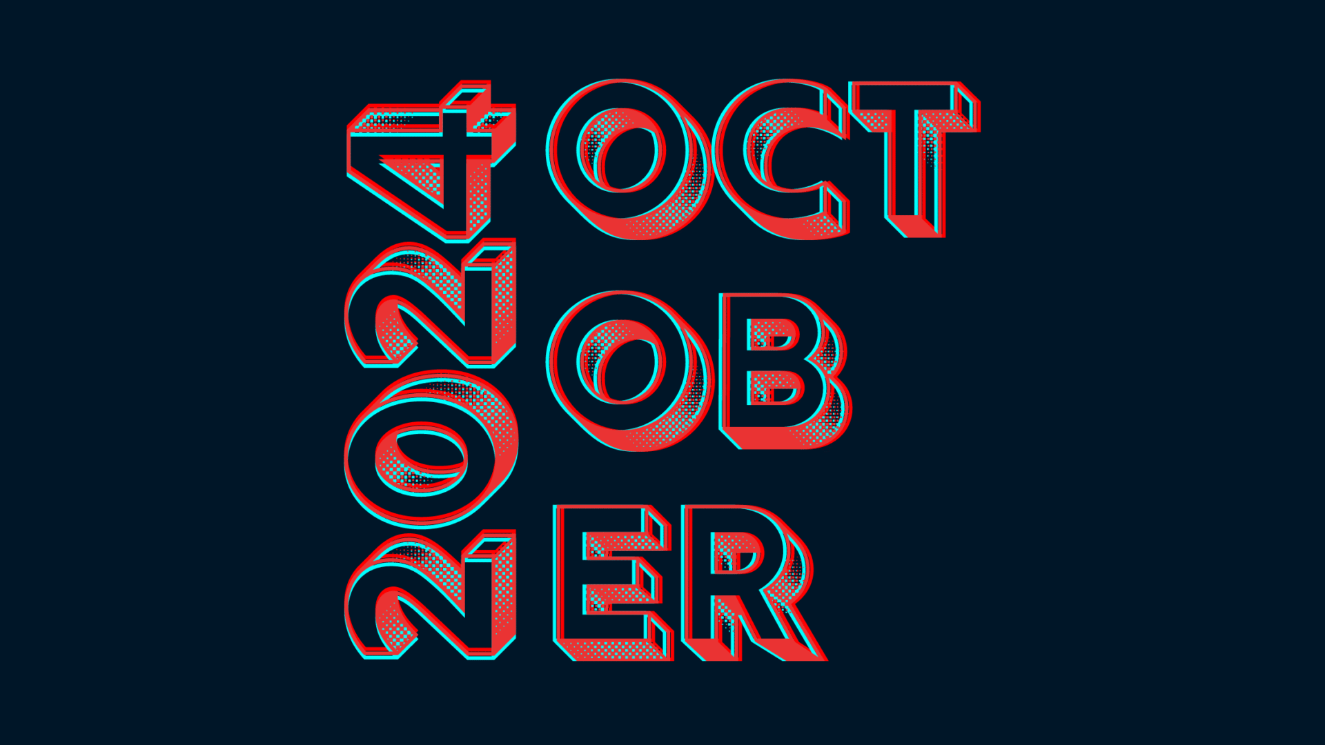 A graphic with a dark background displaying the text "2024 October" in a 3D retro style. The text has a layered red, blue, and white outline effect that gives it a vibrant and dynamic appearance.
