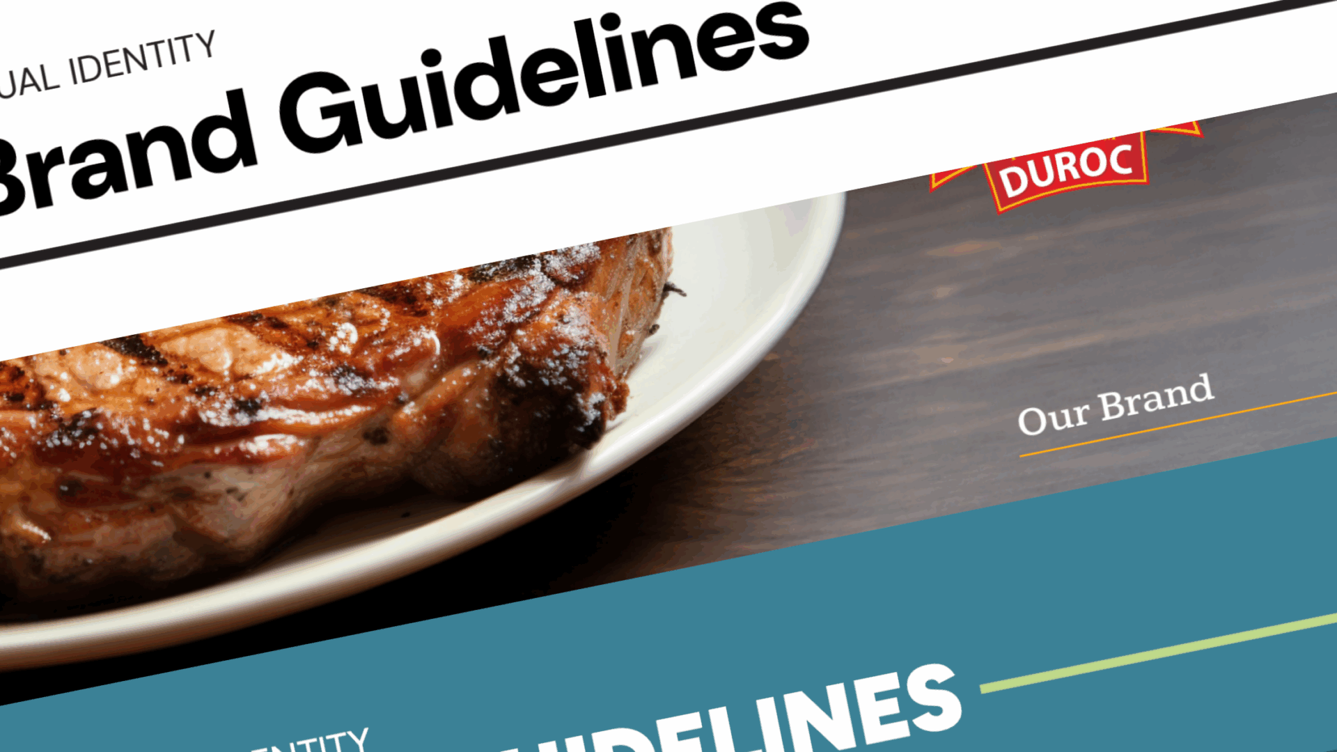 Close-up of a document titled "Brand Guidelines" with a partially visible image of a grilled steak on a white plate. The word "DUROC" appears next to the steak. This guide is essential for building a brand centered around quality meat products.