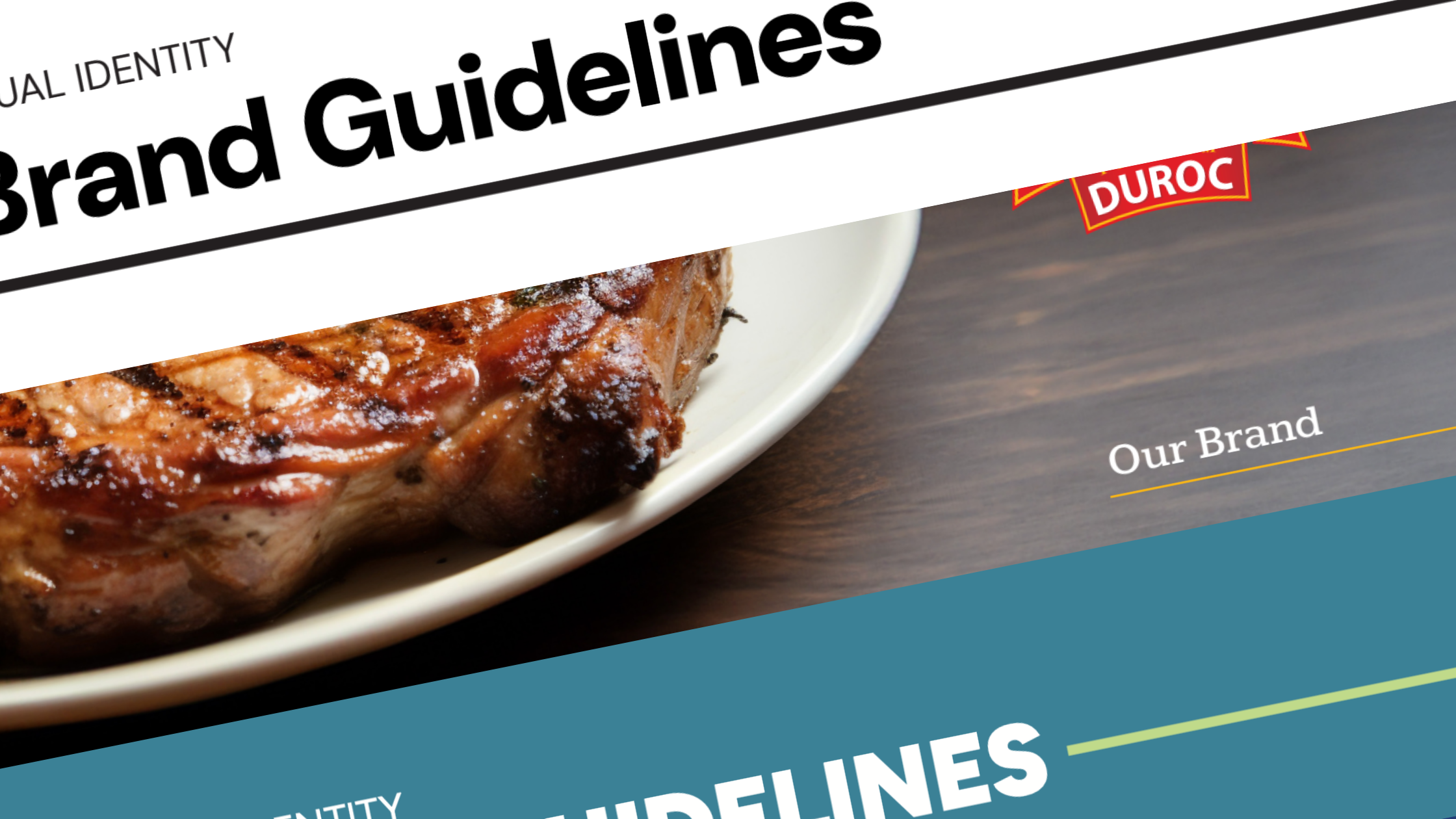 Close-up of a document titled "Brand Guidelines" with a partially visible image of a grilled steak on a white plate. The word "DUROC" appears next to the steak. This guide is essential for building a brand centered around quality meat products.