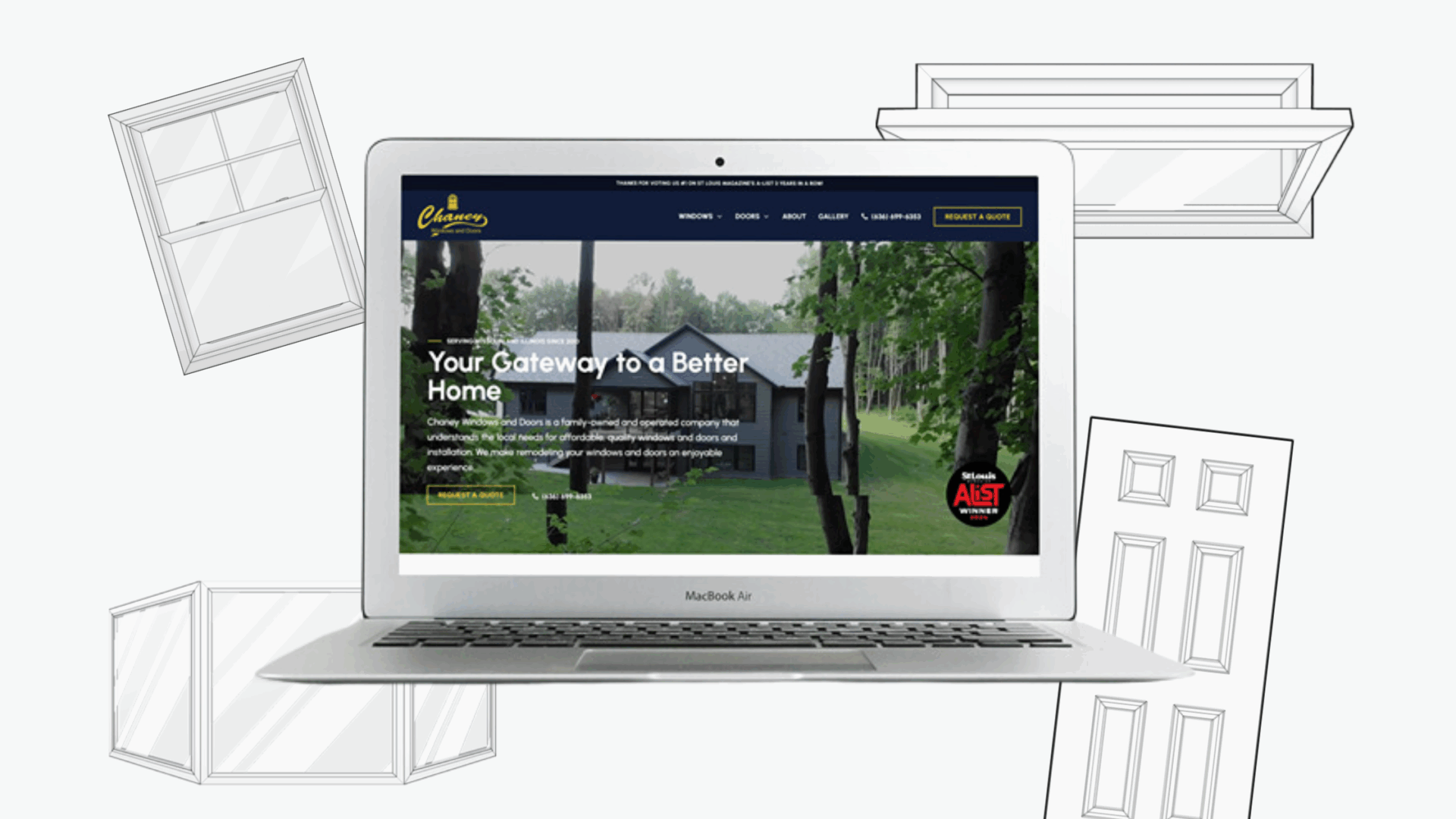 A laptop displaying a website for a home improvement company. The screen shows a house surrounded by trees with the text "Your Gateway to a Better Home." The background has illustrations of windows and doors.