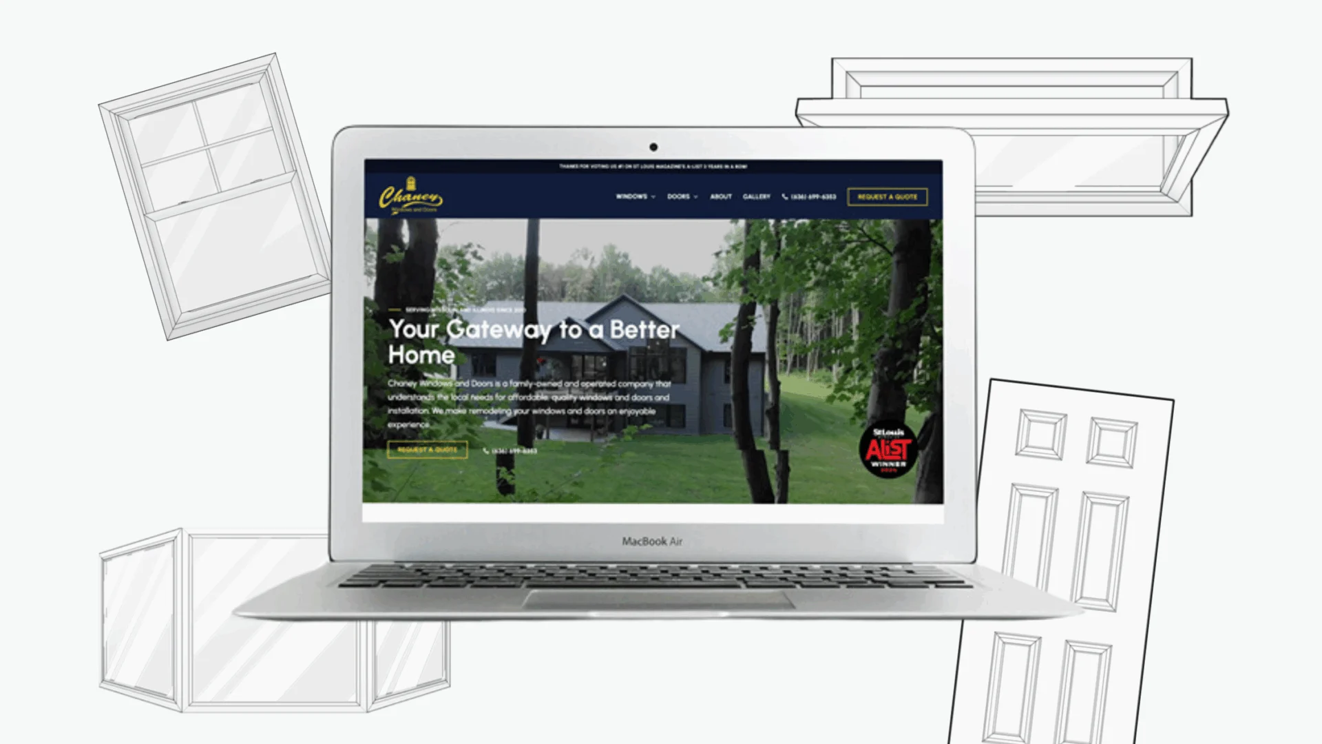 A laptop displaying a website for a home improvement company. The screen shows a house surrounded by trees with the text "Your Gateway to a Better Home." The background has illustrations of windows and doors.