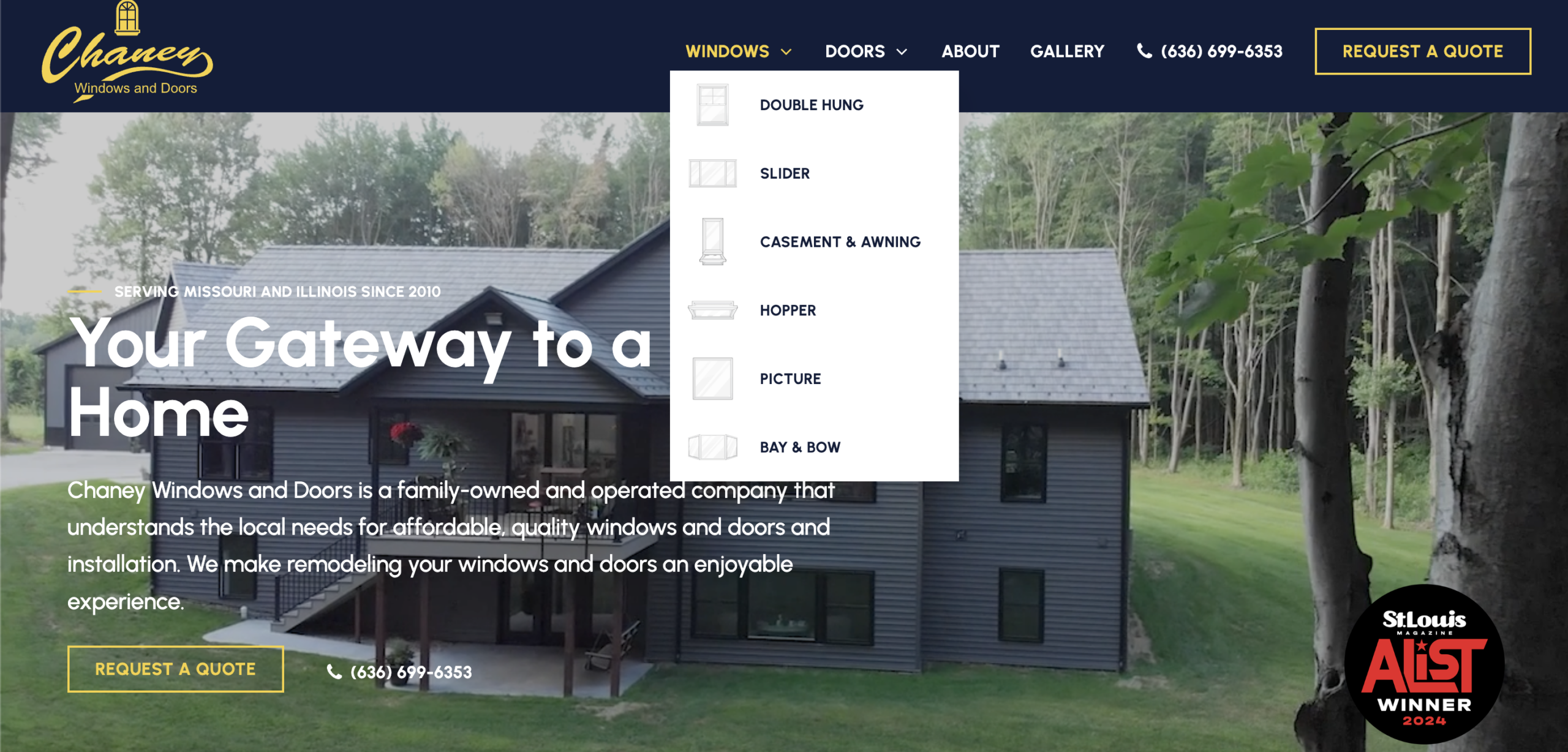 A two-story house with a gray exterior is surrounded by greenery. The website header for "Charney Windows and Doors" features navigation links and a dropdown menu with window types. A badge at the bottom right highlights a "St. Louis A-List Winner" award.