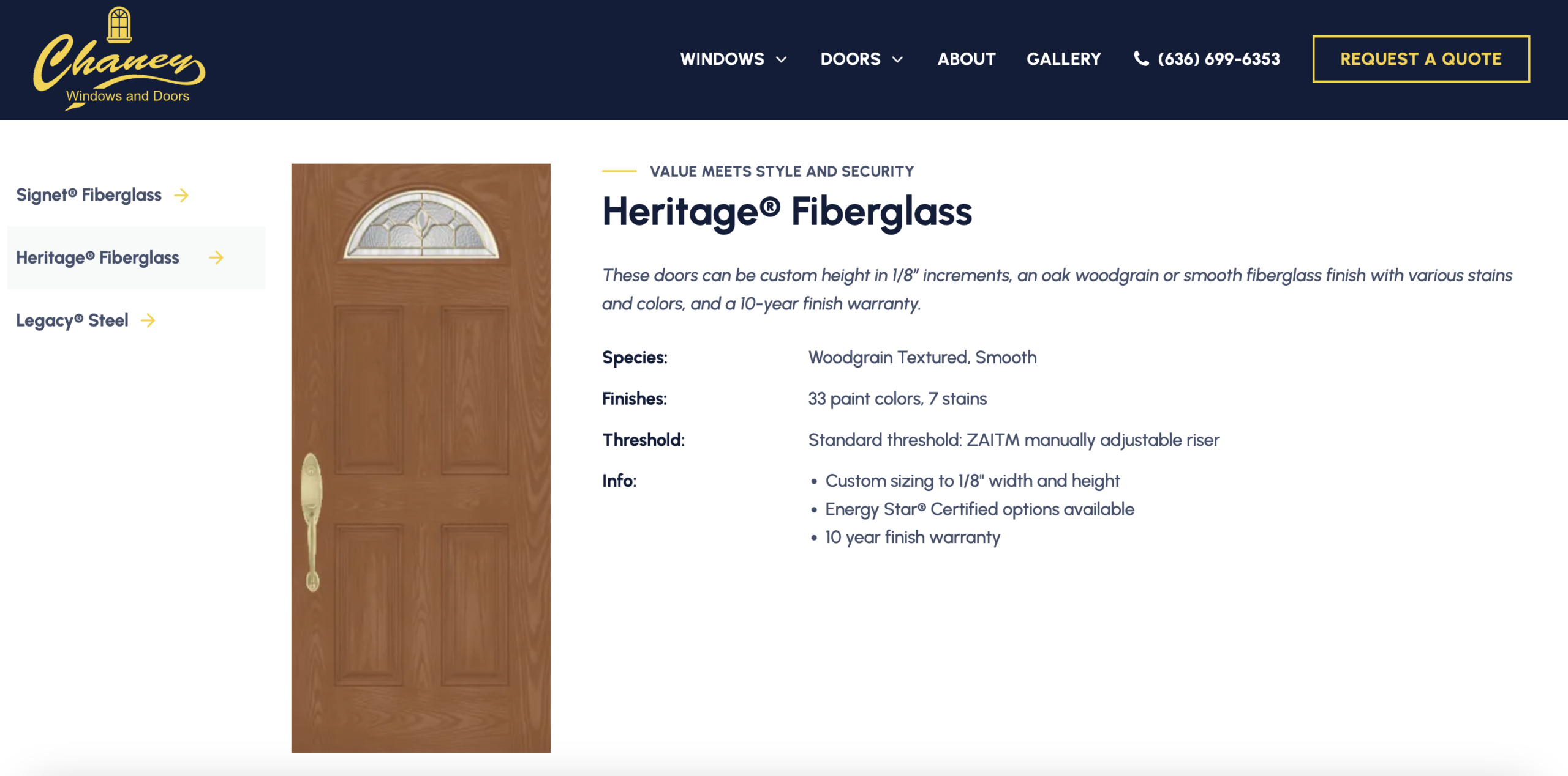 Screenshot of the Chaney Windows and Doors website showcasing the Heritage® Fiberglass door. The image features a brown woodgrain textured door with an oval window and lists specifications, warranty, and custom options available.