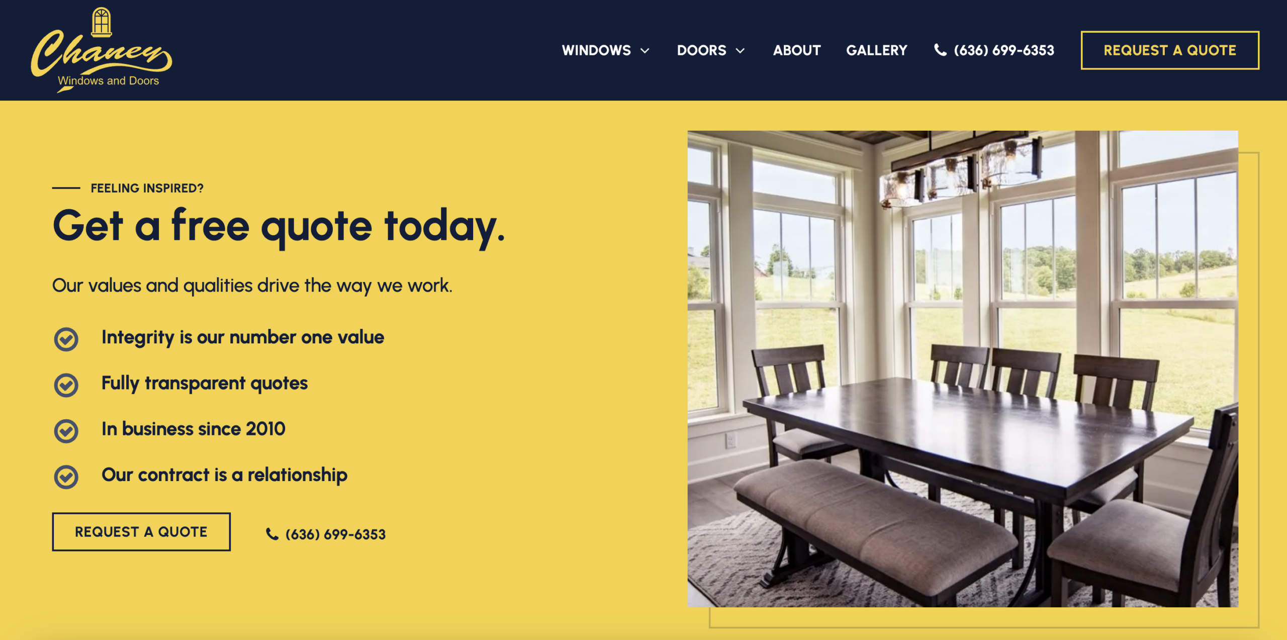 Interior of a dining room with a wooden table and cushioned bench, large windows showing an outside view. Text on the left offers a free quote for Chaney Windows and Doors, highlighting values of integrity, transparency, and experience since 2010.