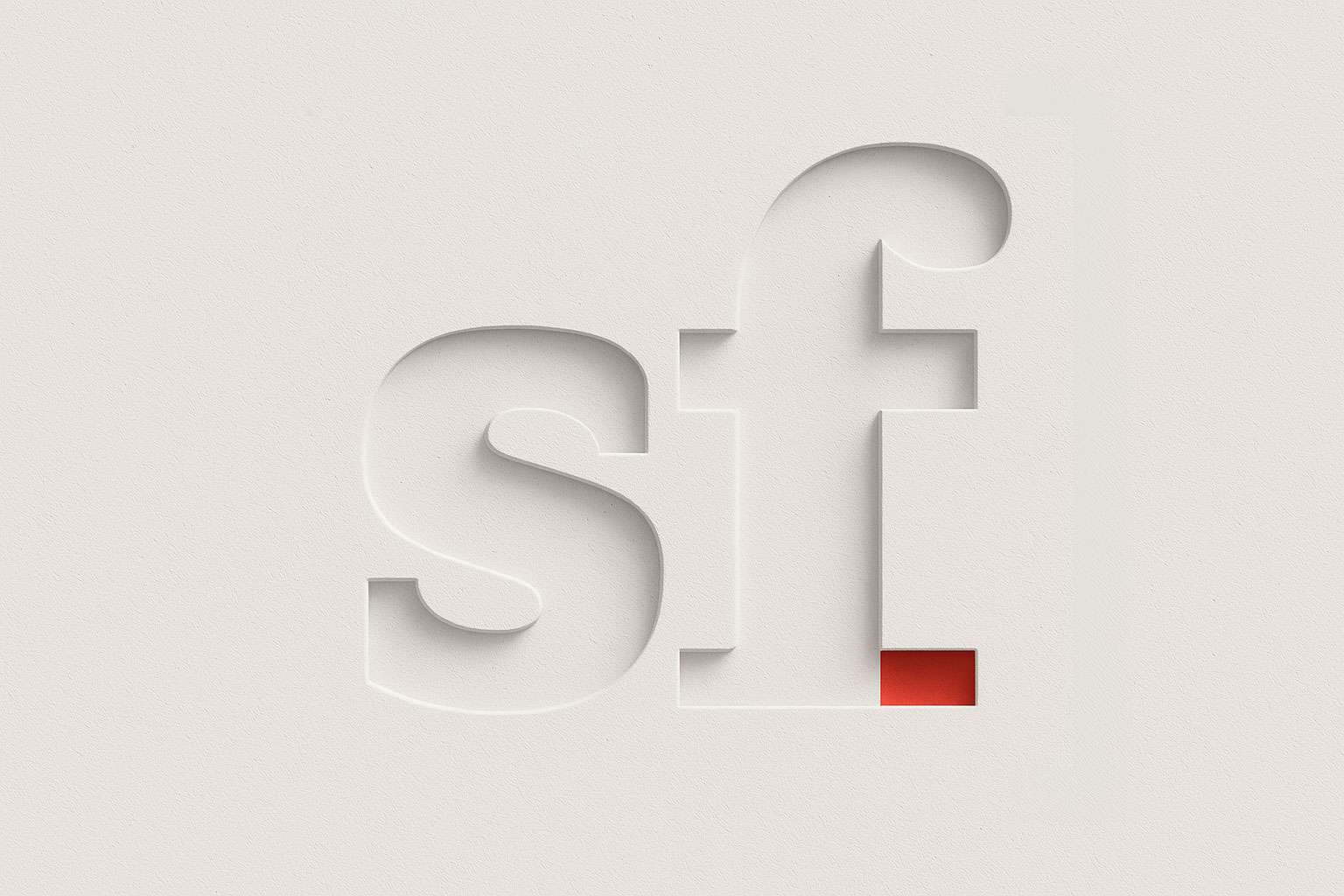 The lowercase letters "s" and "f" are cut out of a white surface, creating a shadowed 3D effect—perfect for showcasing the best brands—with a small red square at the bottom right of the "f.
