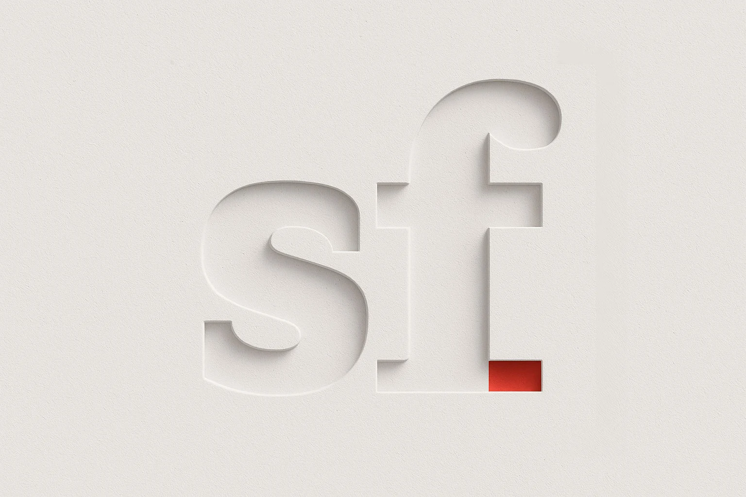 The lowercase letters "s" and "f" are cut out of a white surface, creating a shadowed 3D effect, perfect for showcasing the best brands, with a small red square at the bottom right of the "f.