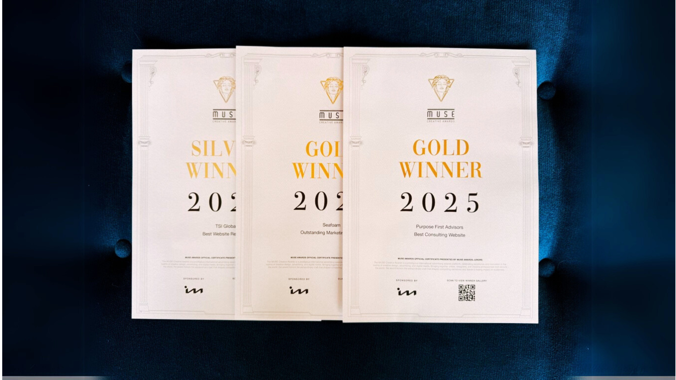 Three award certificates labeled "SILVER WINNER 2025" and "GOLD WINNER 2025" are displayed side by side on a dark blue, tufted background.