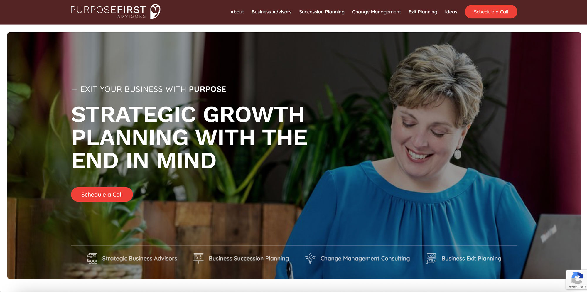 A woman in a blue top smiles while writing in a notebook at a desk. The website header reads "Purpose First Advisors" with navigation options and a red "Schedule a Call" button. Text overlay says, "Strategic Growth Planning with the End in Mind.