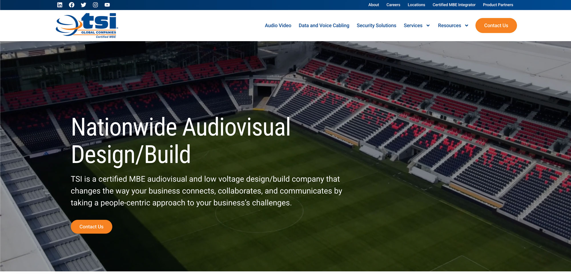 A website homepage for TSI Global Companies shows a soccer stadium in the background with text promoting their nationwide audiovisual design/build services. The site menu is visible at the top.