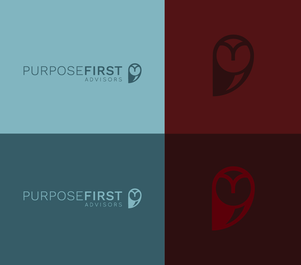 A graphic with four quadrants displays the "PURPOSE FIRST ADVISORS" logo in different color schemes, including a stylized owl symbol. The top left and bottom left quadrants show the full logo text and icon.