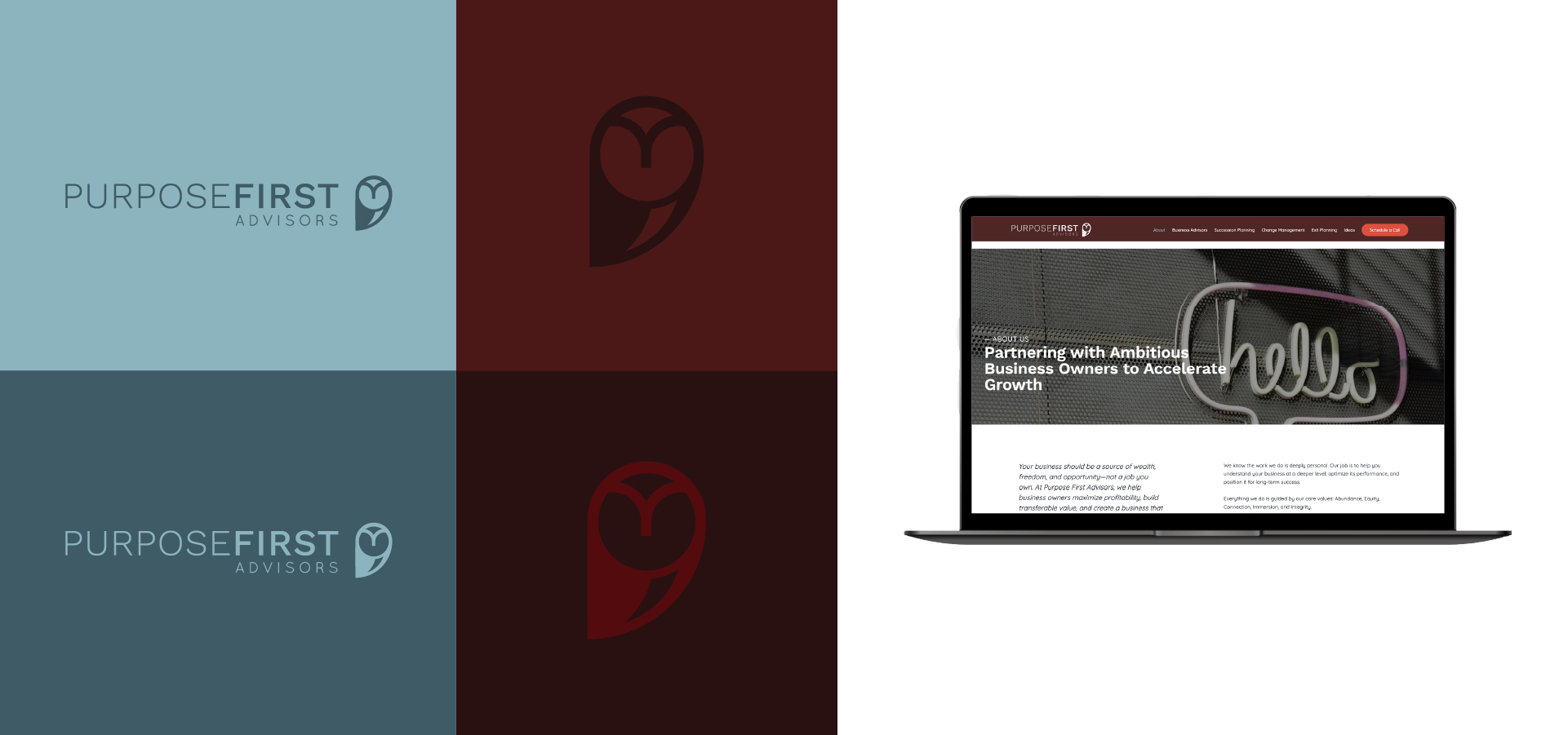 A split-screen image shows two Purpose First Advisors logos on blue backgrounds and a stylized comma icon on brown backgrounds, beside a laptop displaying the Purpose First Advisors website.