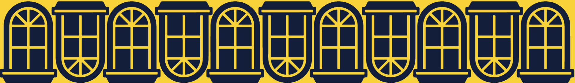 A repeating pattern of nine stylized arched windows with divided panes, illustrated in dark blue on a yellow background.