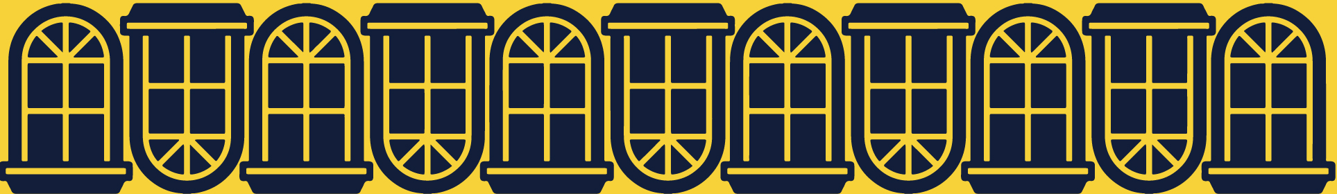 A repeating pattern of nine stylized arched windows with divided panes, illustrated in dark blue on a yellow background.