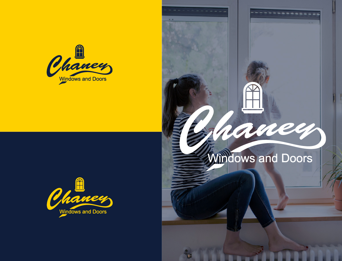 Three versions of the "Chaney Windows and Doors" logo, featuring a window illustration, appear on yellow and navy backgrounds. The main image shows a woman and child sitting by a large window with the logo overlaid.