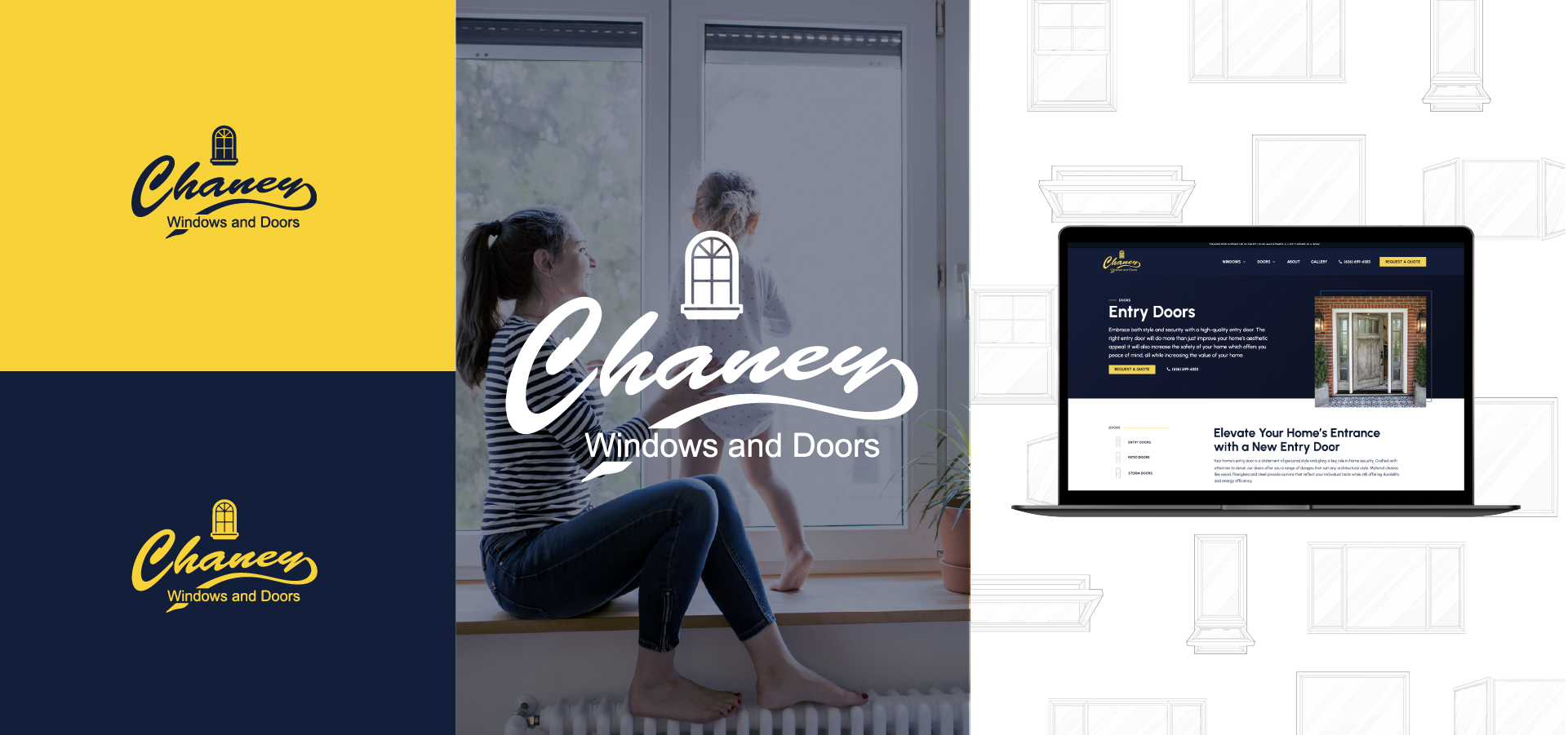 A split graphic for Chaney Windows and Doors features the logo, a woman and child by a window, and a laptop displaying the company website for entry doors. The background includes window illustrations.