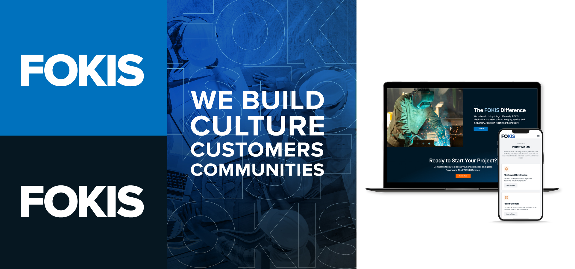 A graphic with the word "FOKIS" in bold white text on blue and black backgrounds, a center section stating "We build culture, customers, communities," and a laptop and smartphone displaying the FOKIS website.
