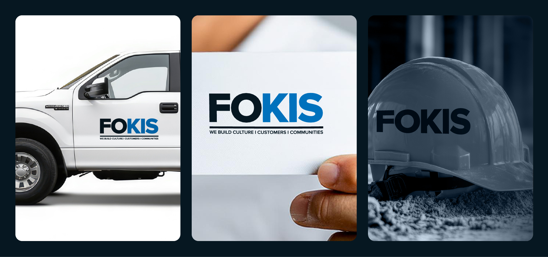 A white truck, a business card, and a hard hat all display the blue and black "FOKIS" logo, highlighting branding across different professional settings.