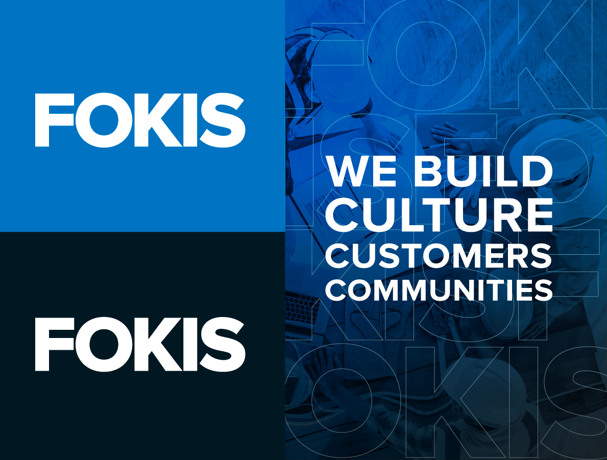 Split blue and black graphic with “FOKIS” in bold white letters on the left and “WE BUILD CULTURE CUSTOMERS COMMUNITIES” on the right, overlaid on abstract images and large outlined text.
