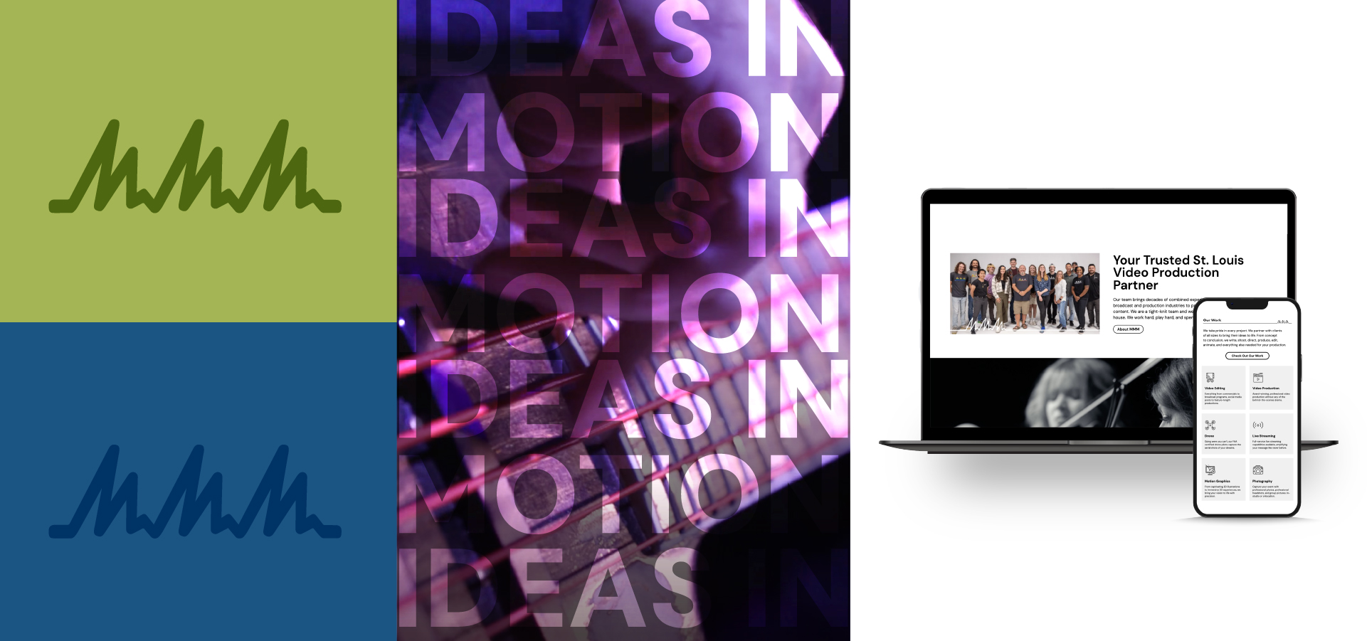 A graphic with three sections: abstract mountain logos on green and blue, a purple-toned photo with "IDEAS IN MOTION" text, and a laptop and phone displaying a video production website.