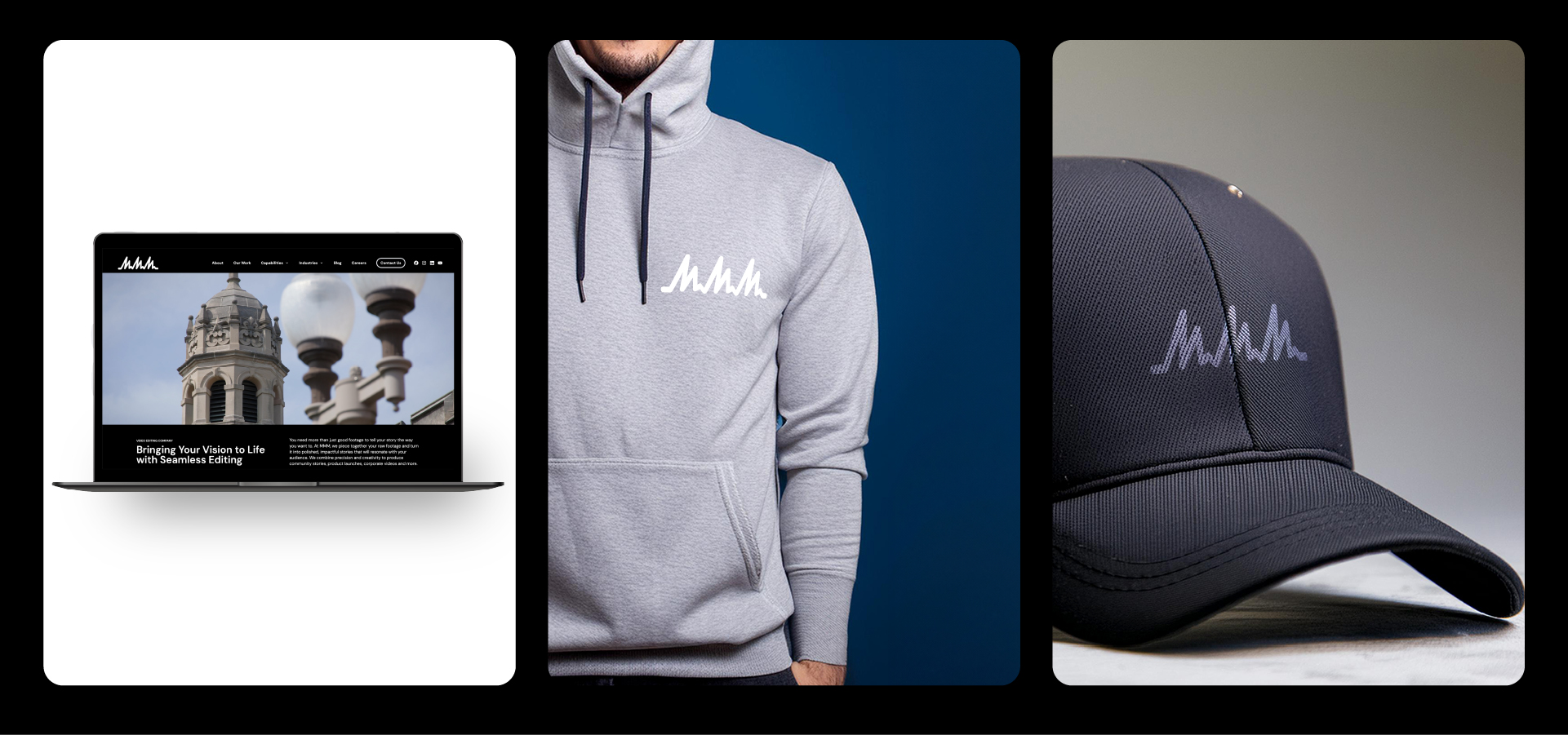 A collage shows a laptop with a website, a person wearing a grey hoodie with a white abstract logo, and a close-up of a grey cap with the same logo embroidered in white.