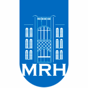 Blue and white logo featuring a stylized building with large windows above the bold letters "MRH." The building has symmetrical window designs and is framed by a rounded blue background.