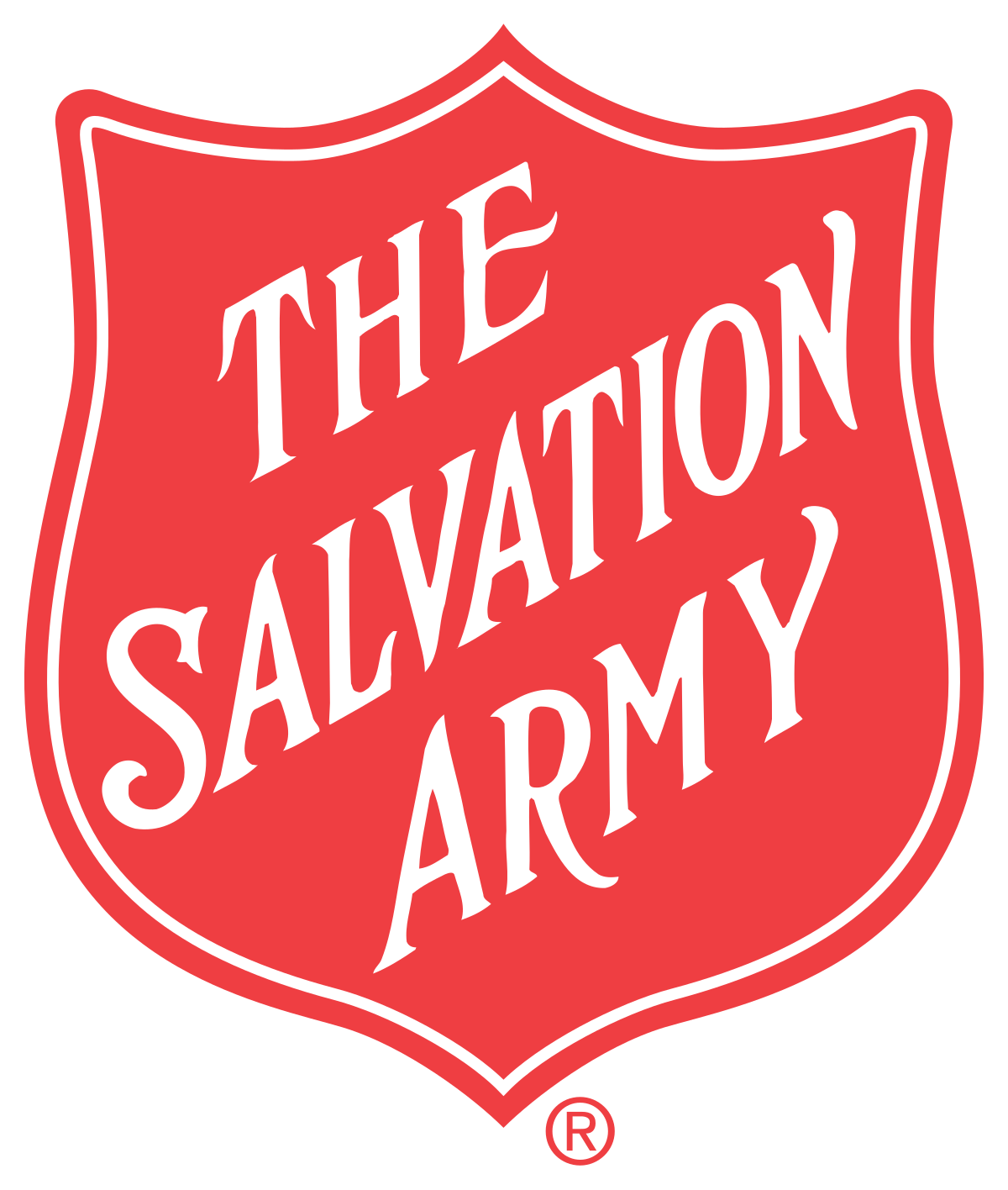 Red shield-shaped logo with the words "The Salvation Army" written in white, bold, capital letters, arranged diagonally inside the shield.