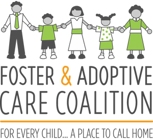 Illustration of four children and an adult holding hands above the words "Foster & Adoptive Care Coalition," with orange and green accents on their clothing.