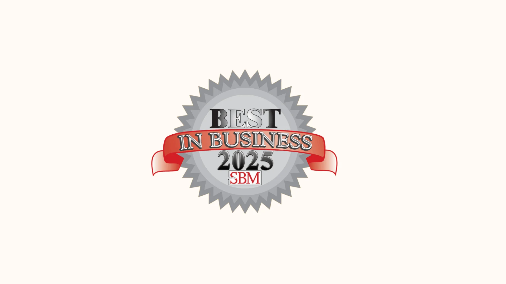 A silver starburst badge with a red ribbon reads "Best in Business 2025" and features the initials "SBM" at the bottom.