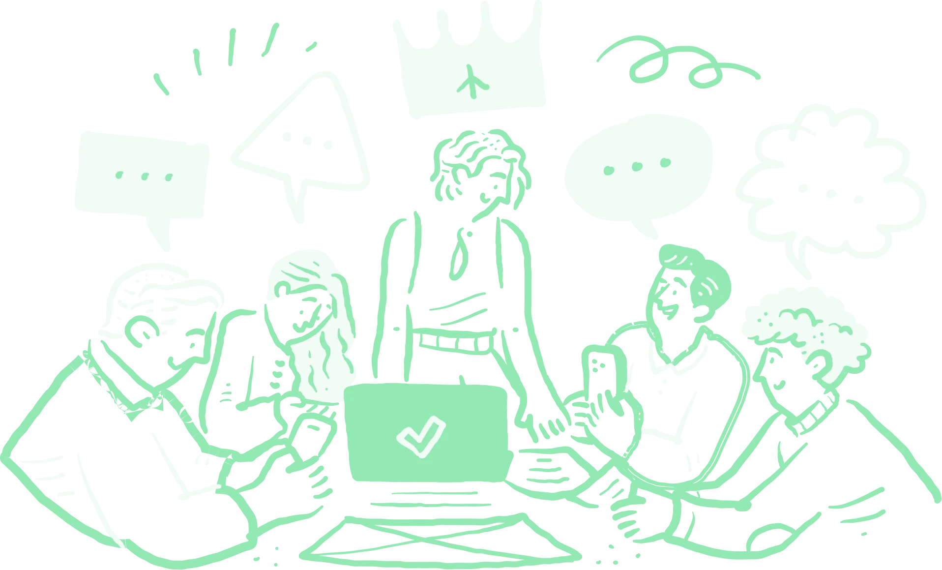 Illustration of a team collaborating around a laptop