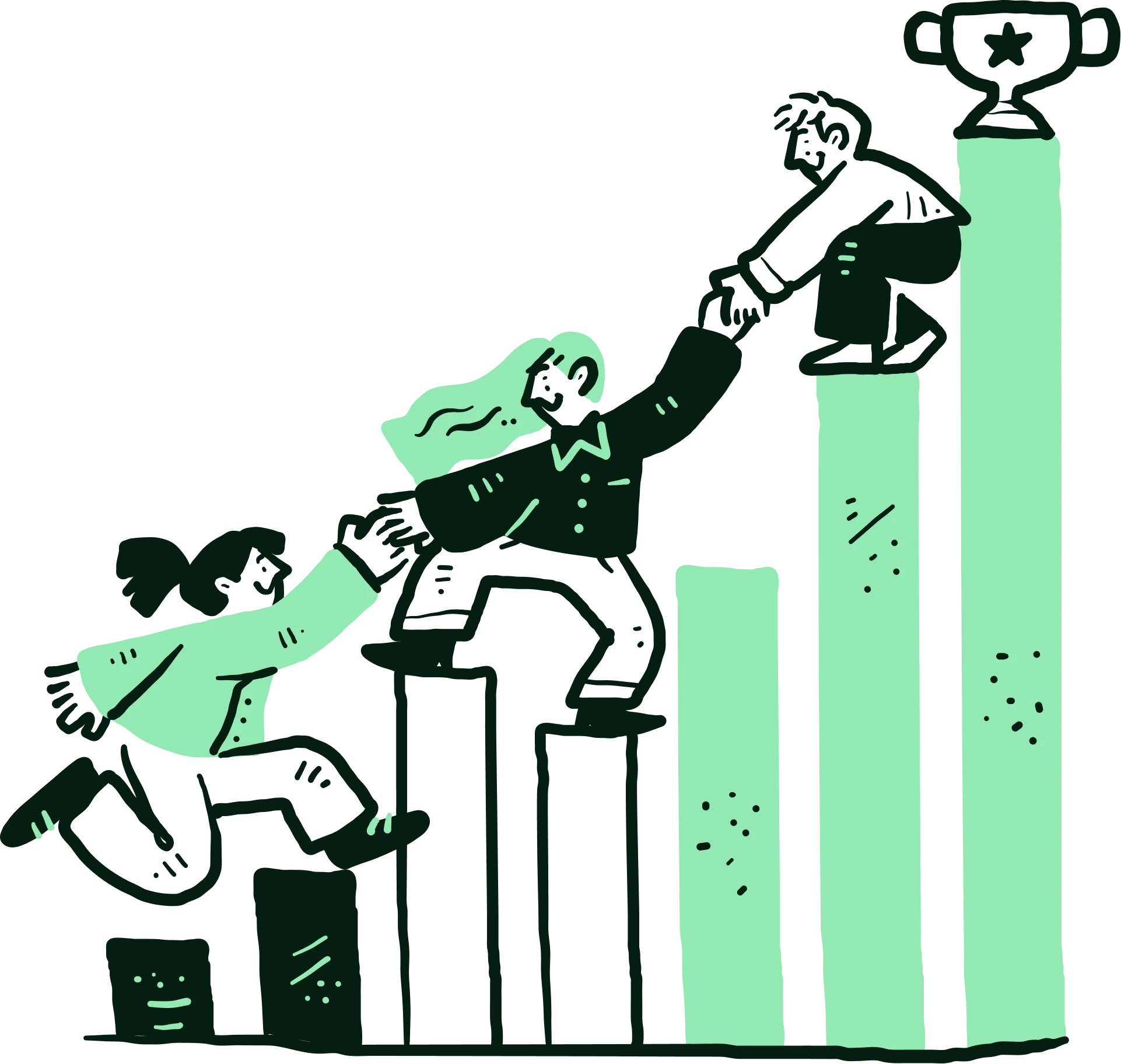 Illustration of people climbing a rising bar chart